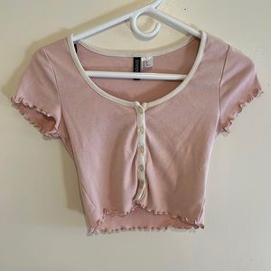 H&M short sleeve pink and cream button up crop top